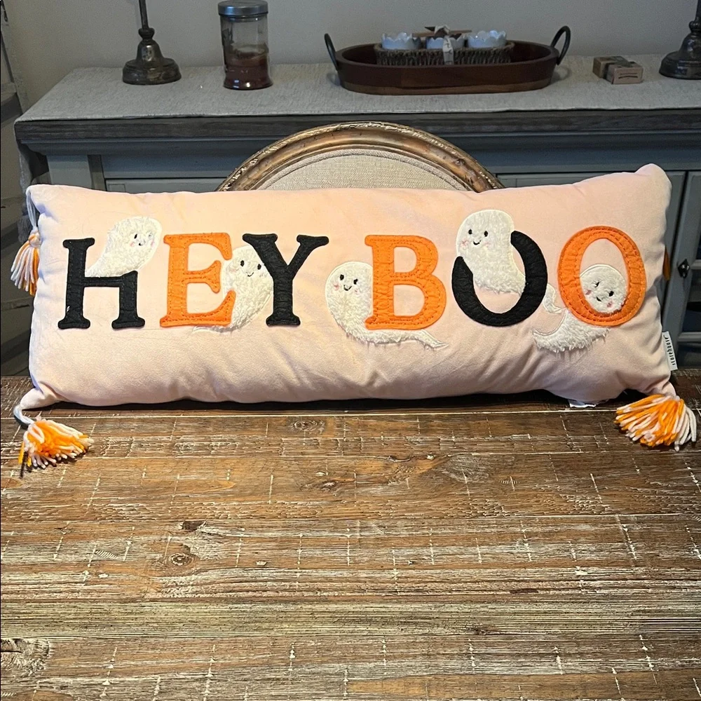 Hey Boo Halloween Pillow - Orange, Black, White